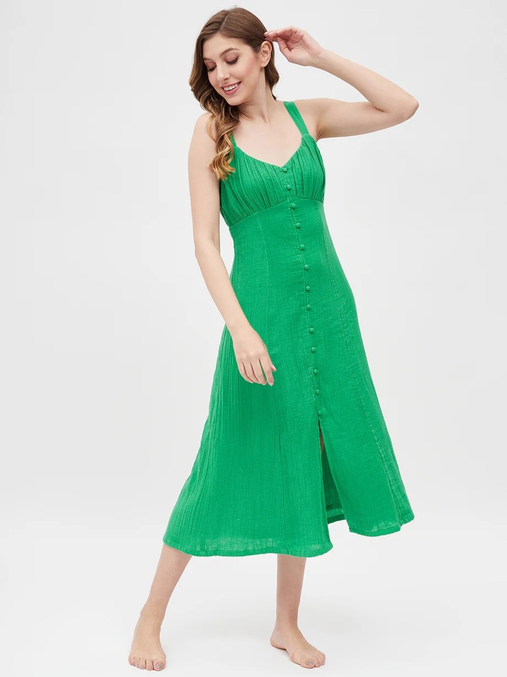 Sim and Sam KELLY GREEN DOUBLE GAUZE FRONT BUTTON MIDI DRESS